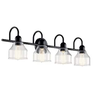 Avery 33.5 in. 4-Light Black Industrial Bathroom Vanity Light with Clear Seeded Glass