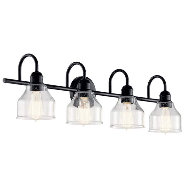 KICHLER Avery 33.5 in. 4-Light Black Industrial Bathroom Vanity Light with Clear Seeded Glass