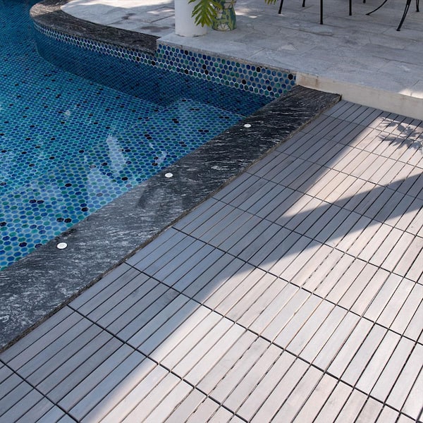 Afoxsos 1 ft. x 1 ft. Light Grey Wood Interlocking Deck Tiles Striped Pattern All-Weather for Patio, Balcony Pool Side (30-Pack)