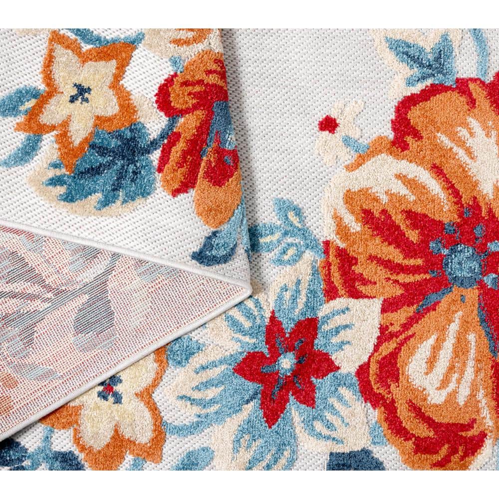 Hibiscus Bloom Border Grey Red Blue Floral Rectangular Rug