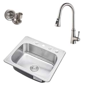 Topmount Drop-In 18-Gauge Stainless Steel 25 in. x 22 in. x 9 in. 4-Hole Single Bowl Kitchen Sink with Faucet