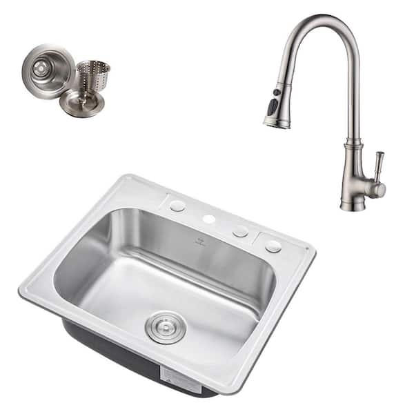 eModernDecor Topmount Drop-In 18-Gauge Stainless Steel 25 in. x 22 in. x 9 in. 4-Hole Single Bowl Kitchen Sink with Faucet
