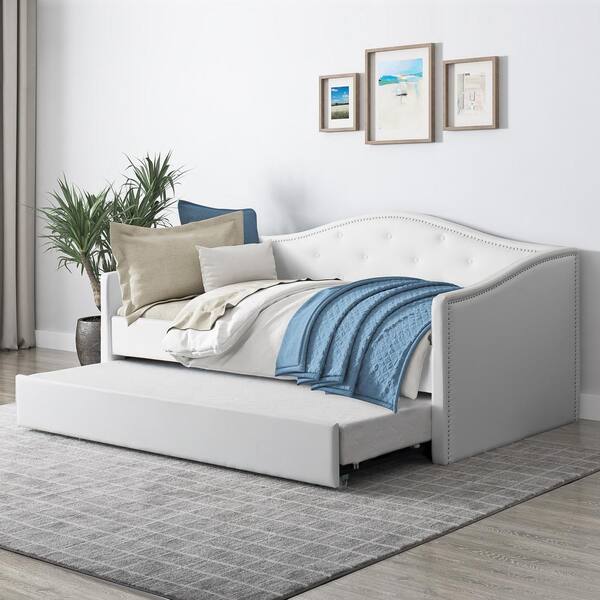 Corliving Fairfield White Tufted Leatherette Twin Single Day Bed With Trundle Bbt 110 S The Home Depot