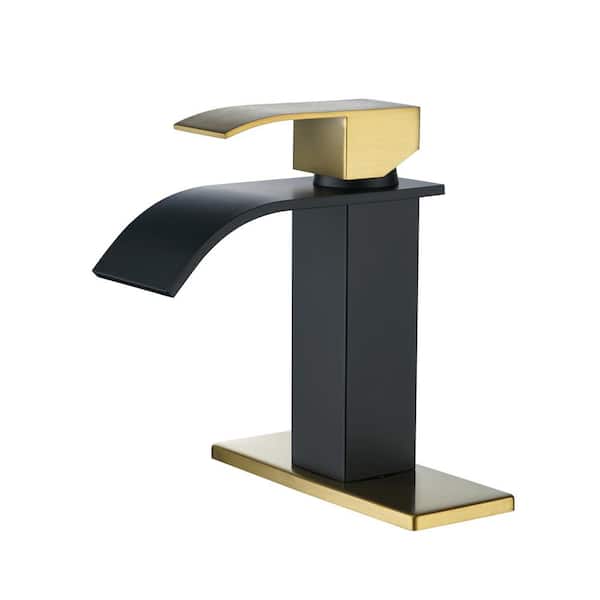 ALEASHA 4 in. Centerset Single-Handle High Arc Bathroom Faucet with Drain Kit Included in Gold and Black