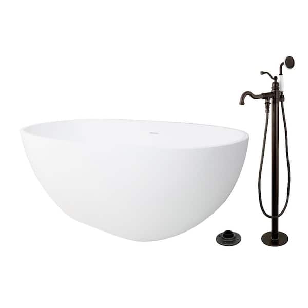 Arcticstone 64.9 in. x 31.9 in. Surface White Stone Flatbottom Soaking Freestanding Bathtub in White/Oil Rubbed Bronze