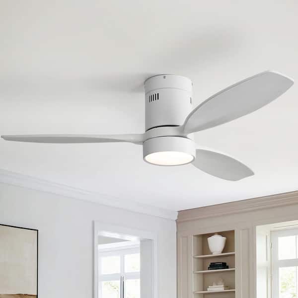 Sofucor 52 in. Indoor/Outdoor Wood White Flush Mount Ceiling Fan with Light and 6 Speed Remote Control