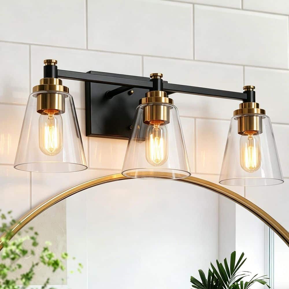 Zevni 21 in. 3-Light Brass-Plated Bathroom Vanity Light, Cone Zevni 21 in. 3-Light Brass-Plated Bathroom Vanity Light, Cone