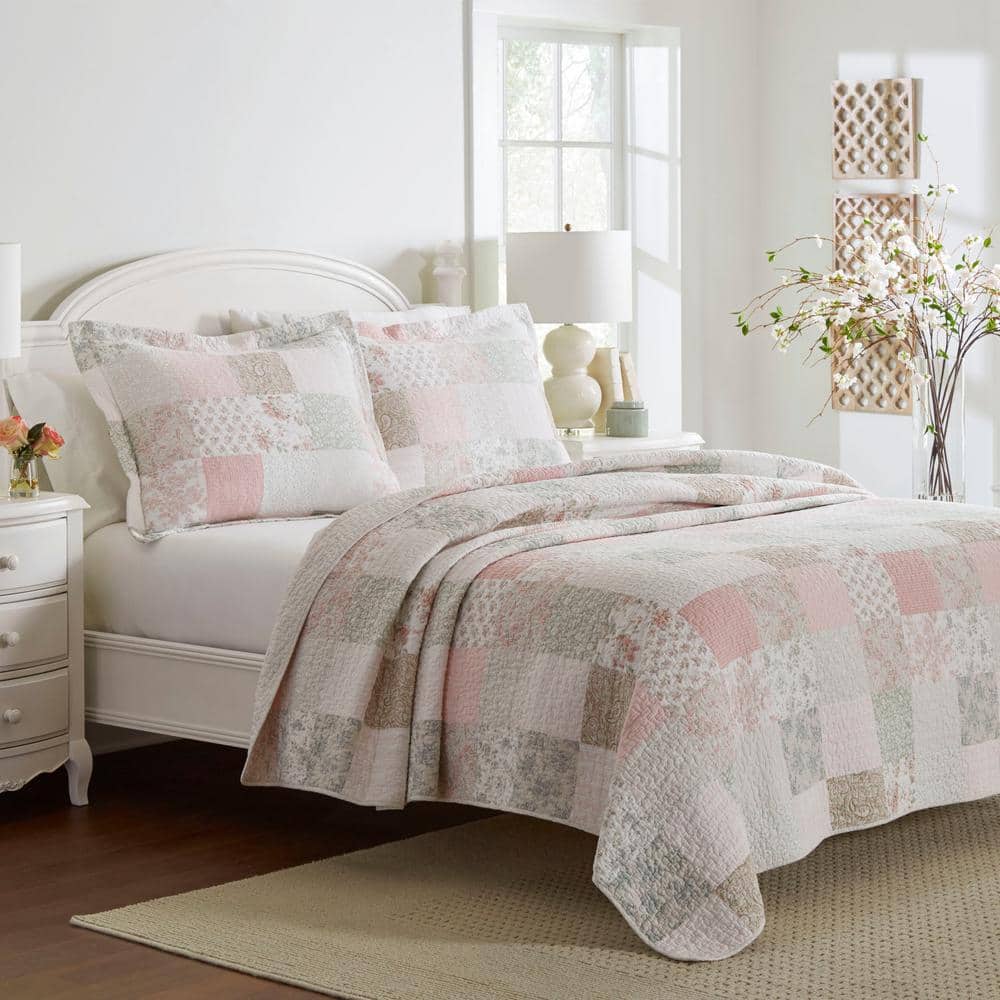 Celina Pink and Sage Cotton Twin Reversible Quilt Set