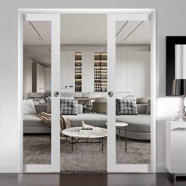 72 in. x 96 in. 1-Panel White Finished Pine Wood Sliding Door with Double Pocket Hardware