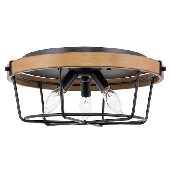 Kira Home Finley 14.75 in. 60-Watt 3-Light Black Farmhouse Flush Mount