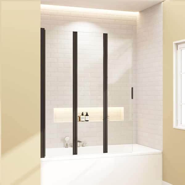 47 in. W x 59 in. H Foldable Hinged Pivot Tub Door in Matte Black with Clear Tempered Glass