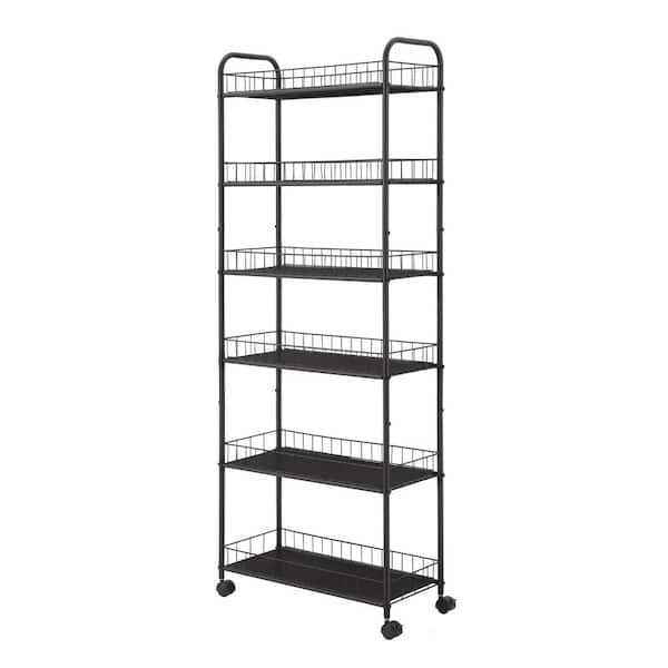 Otryad 6-Tier Black Metal Slim Kitchen Cart, Slide Out Storage Tower Utility Cart with Wheels-22 in. W x 10 in. D x 61 in. H