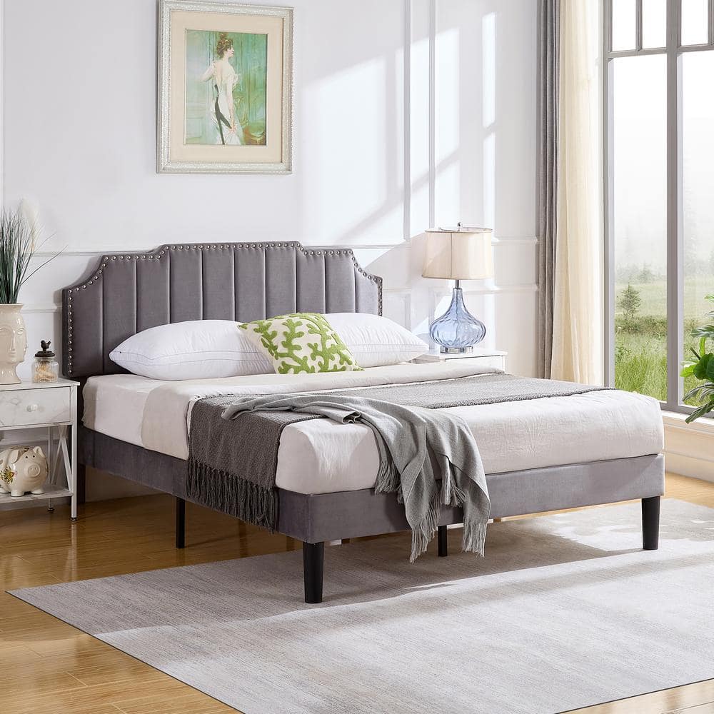 VECELO Upholstered Bed Gray Metal+Wood Frame Full Platform Bed With ...