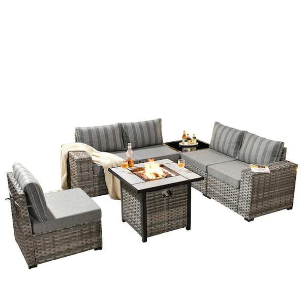 Baldwin Gray 7-Piece Wicker Wide Arm Outdoor Patio Sofa Sectional Set with Square Fire Pit and Gray Striped Cushions
