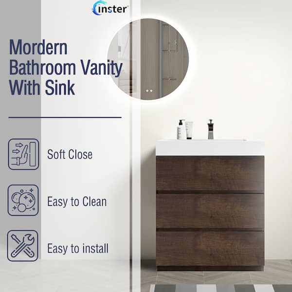 NOBLE 30 in. W x 18 in. D x 37 in. H Single Sink Freestanding Bath Vanity in Wood with White Solid Surface Integral Top