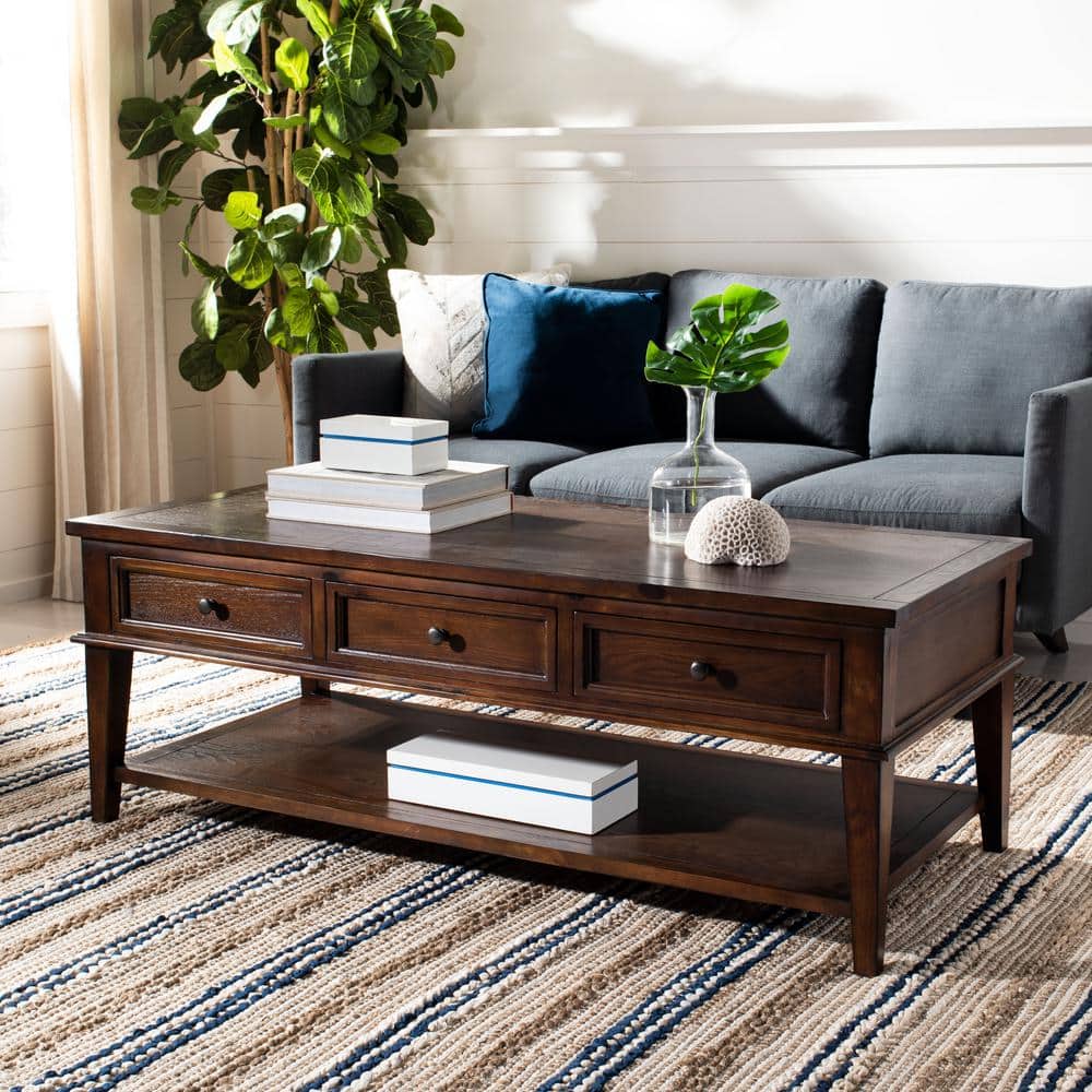 Transitional Sepia Brown Wood Coffee Table with 3 Drawers
