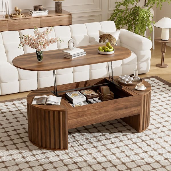 47.2 in. Brown Oval MDF Coffee Table with Lift Top and Hidden Compartment