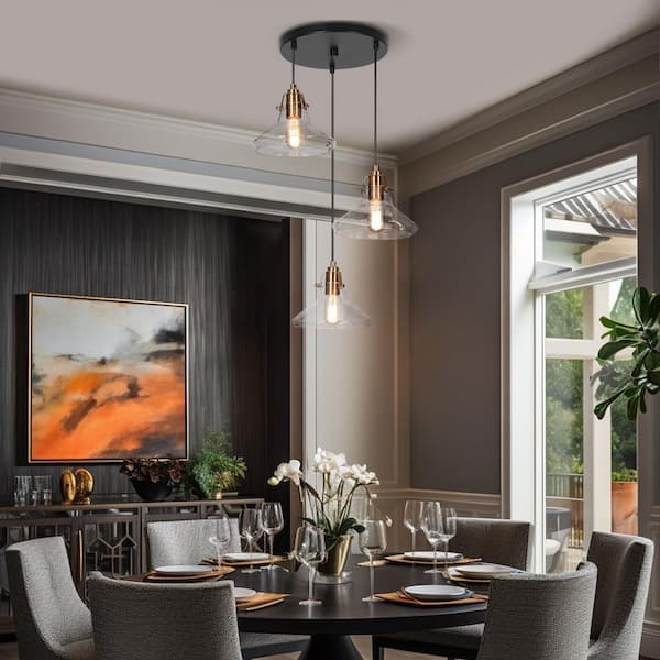 3-Light Black and Brass Cluster Chandelier with Seeded Glass Shades