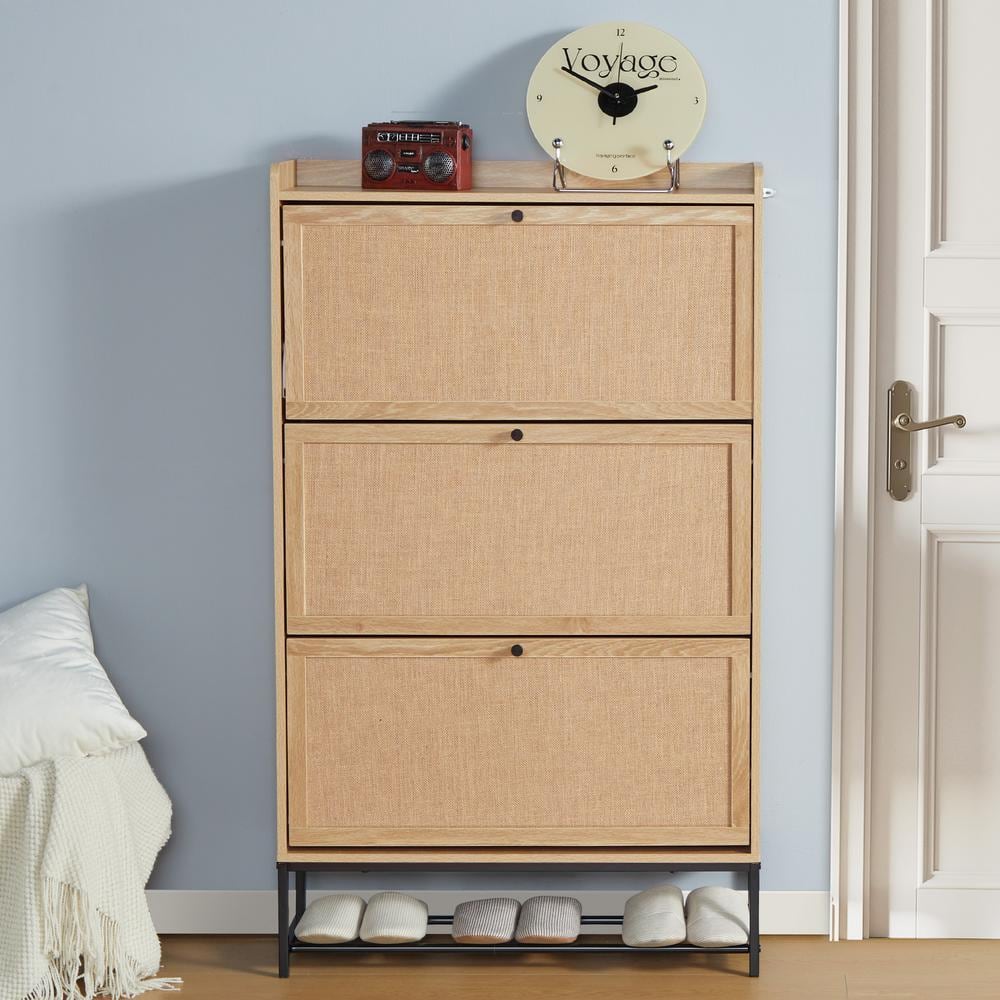ATHMILE Natural Wooden Shoe Storage Cabinet with Triple-Tier Flip