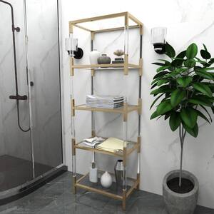 5 Shelves Acrylic Stationary Gold Shelving Unit with Clear Glass Top and Acrylic Legs