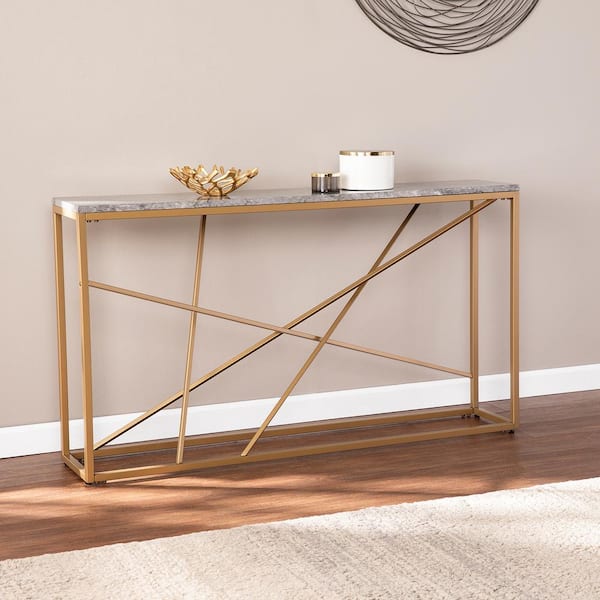 Southern Enterprises Salla 52 in. Gold/Gray Faux Marble Standard Rectangle Composite Console Table