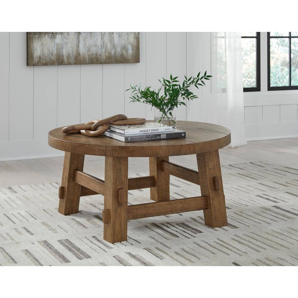 Warm Brown Round Pine Wood Coffee Table