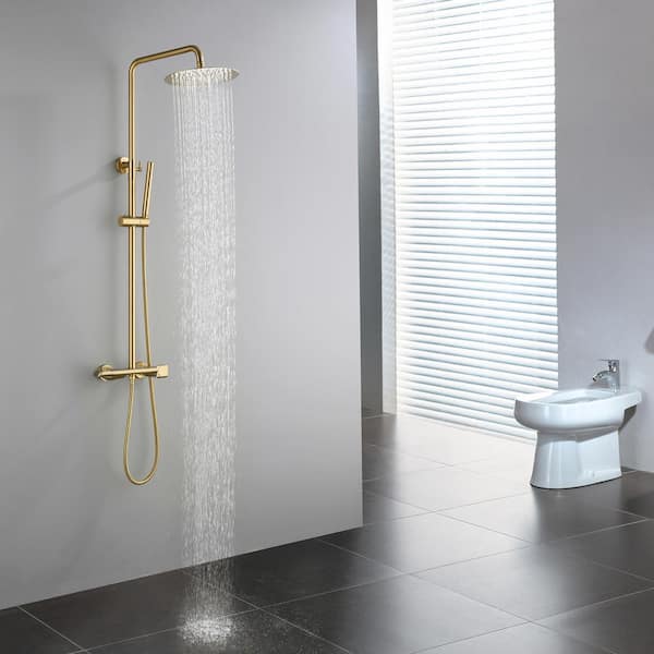 Luxury Thermostatic 2-Spray Multi-function Wall Bar Shower Kit with Hand Shower in Brushed Gold