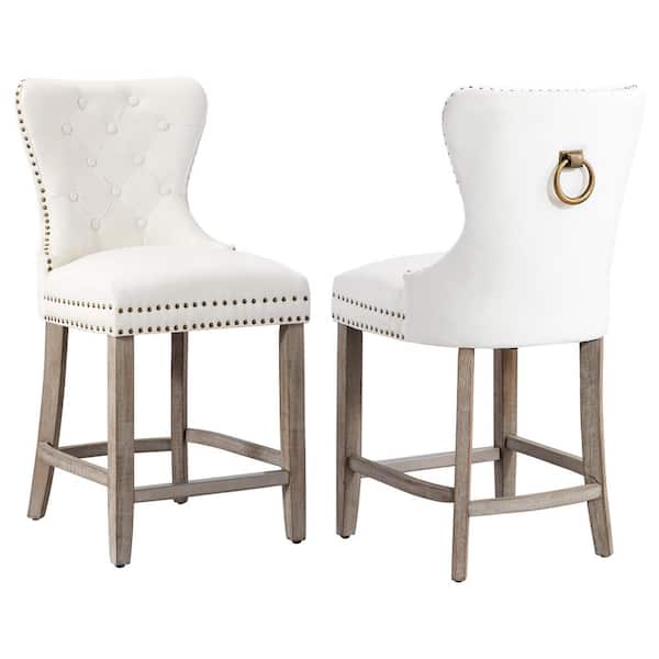 Harper 24 in. in Cream Velvet Tufted Wingback Kitchen Counter Bar Stool with Solid Wood Frame in Antique Gray (Set of 2)