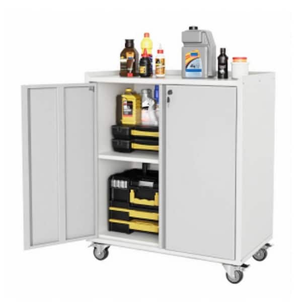 Heavy Duty Lockable Garage Tool Storage Cabinet, Rolling Tool Cabinet with Wheels for Workshop, Garage, White