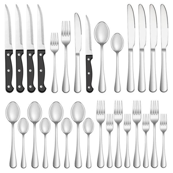 24-Piece Retro Stainless Steel Flatware Set, Silver Polished Tableware Utensil Set with Steak Knives for Home Dining Use