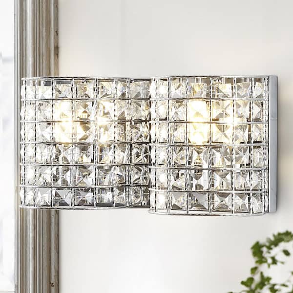 Clara Deco 15 in. 2-Light Metal/Crystal Classic Glam LED Vanity Light, Chrome
