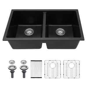33 in. Undermount Double Bowl Quartz Black Composite Granite Kitchen Sink with Bottom Grids and Drying Roll-Up Rack