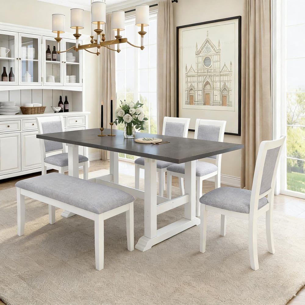 テーブル・チェア・ハンモック RWS0043AG WOOD PANEL TABLE Polibi 7-Piece White/gray Extendable Wood Top Dining Room Set