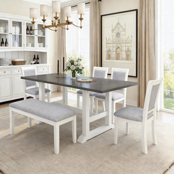 7-Piece White/gray Extendable Wood Top Dining Room Set Seats 6