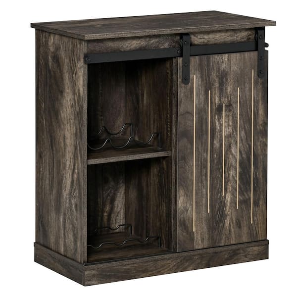 FORCLOVER 27.5 in. W 6-Bottle Gray Buffet Bar Wine Cabinet with Barn Door Sideboard Buffet Table Wine Rack
