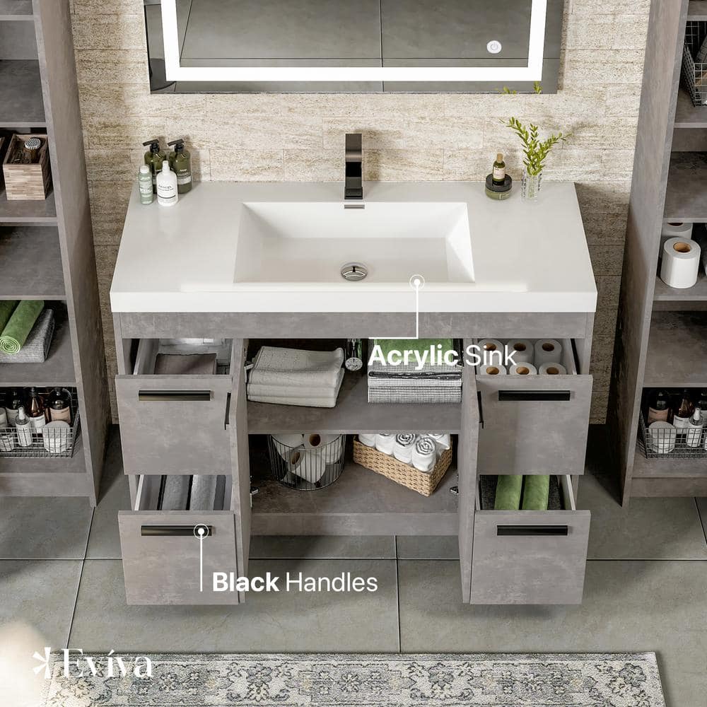 Lugano 42" Cement Gray Modern Bathroom Vanity with White Acrylic Sink