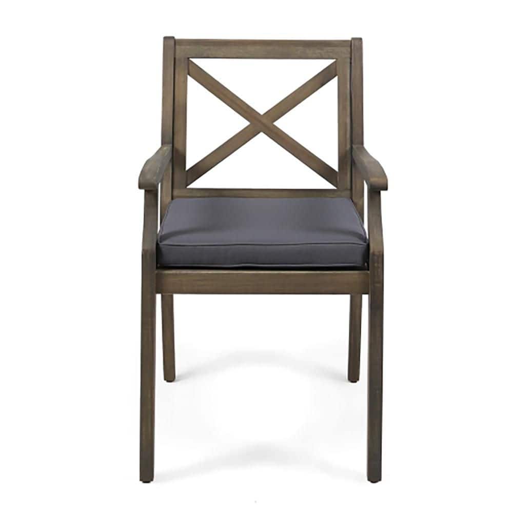 Front view of a grey outdoor dining chair.
