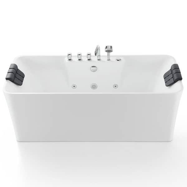 Luxury 59 in. Center Drain Acrylic Freestanding Flatbottom Whirlpool Bathtub in White with Faucet