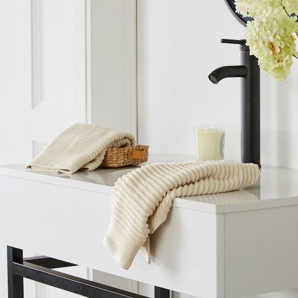 FRESHFOLDS Beige Solid 100% Cotton Ribbed Hand Towel (Set of 4) EC100545 -  The Home Depot