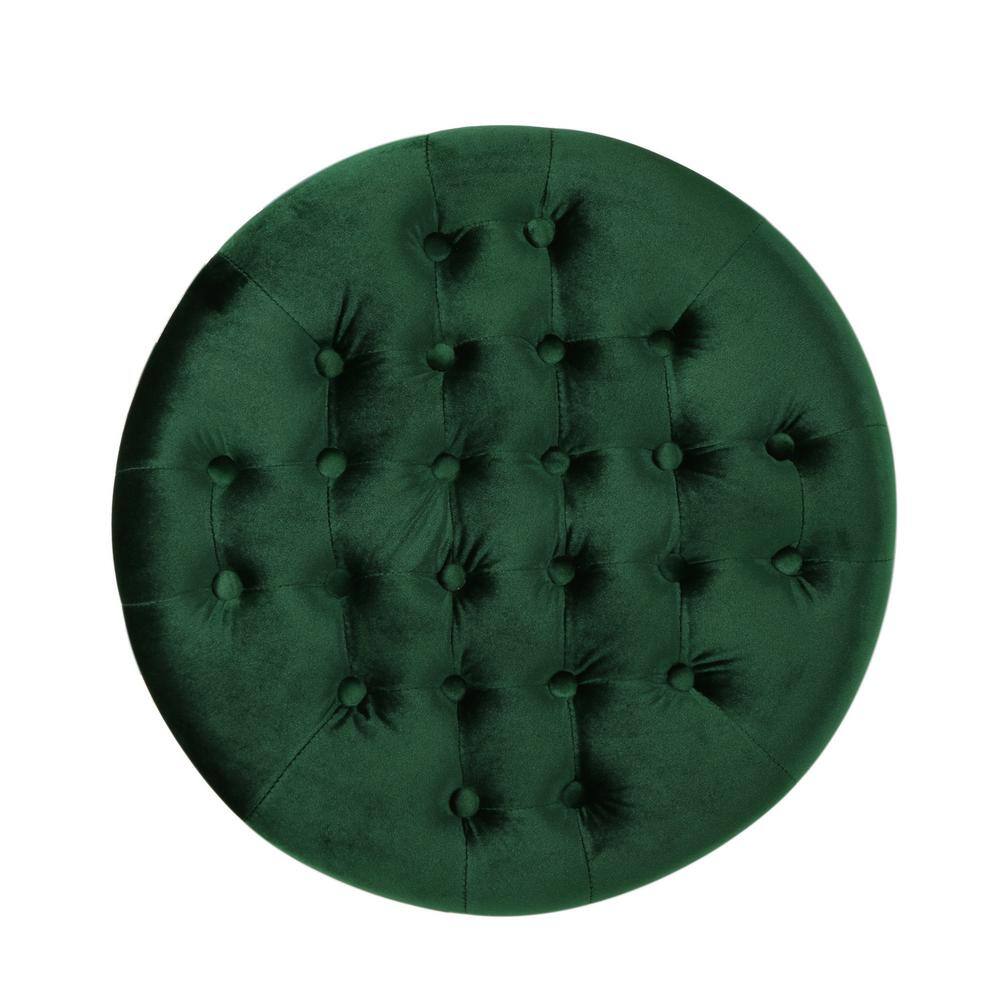 Emerald Green Velvet Tufted Round Accent Ottoman with Studded Detail