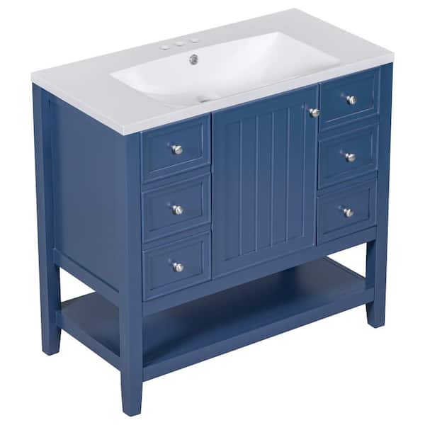 Polibi 36.00 in. W x 18.00 in. D x 34.10 in. H Freestanding Bath Vanity in Blue with White Ceramic Sink Top, Doors and Drawers