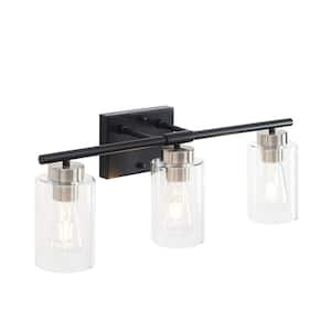 22.8 in. 3-Light Black and Nickel Vanity Light with Clear Glass Shade