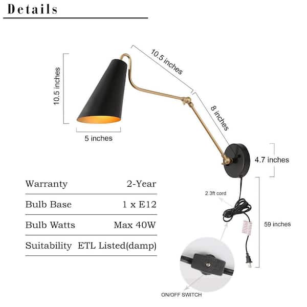 Zevni Black DIY Swing Arm Wall Lamp, 1-Light Modern Gold Wall