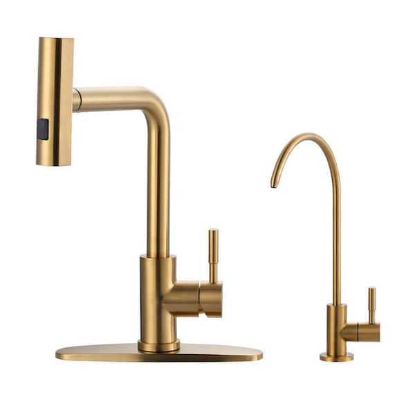 Gold 15.7 in. Single Handle Pull Down Sprayer Kitchen Faucet with Drinking Water Faucet and 360° Swivel