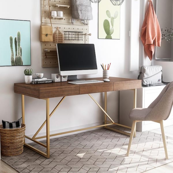 Standard furniture co mid century american dark wood veneer and brass  angular top executive desk