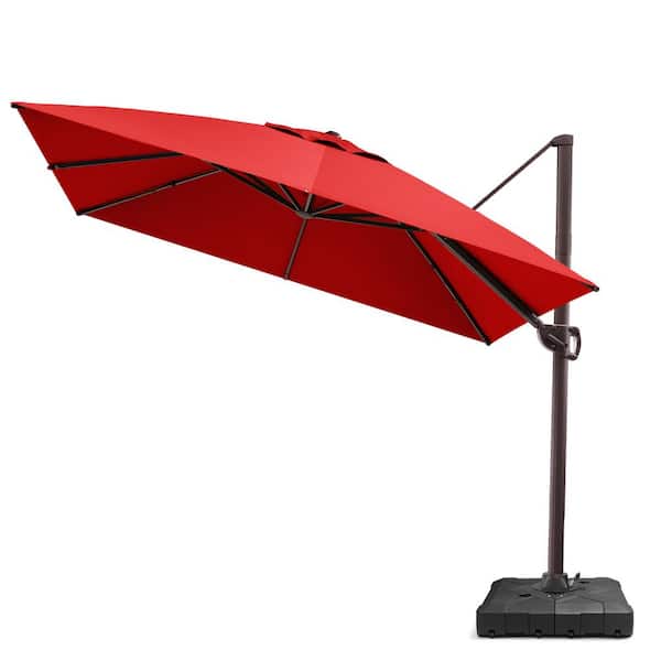 Pellebant 11 ft. Square Aluminum Adjustable Tilt Cantilever 360° Rotation Patio Umbrella in Red with Weights Base Stand