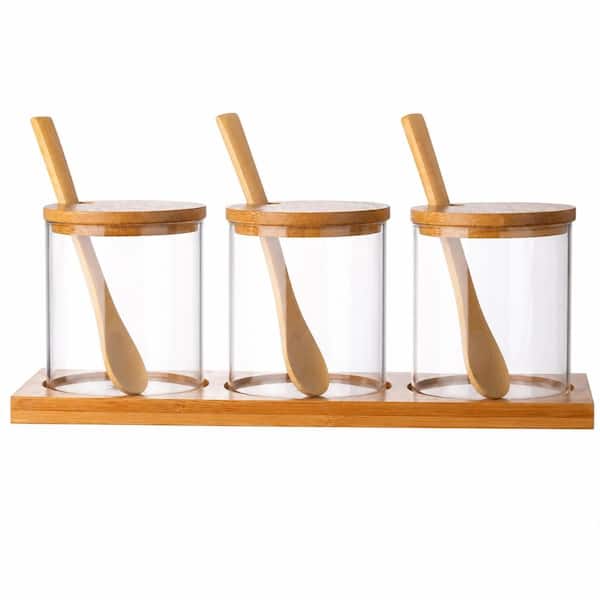 10 oz. Clear Borosilicate Glass Condiment Jar with Bamboo Lid and Spoon Set (Set of 3) Condiment Servers