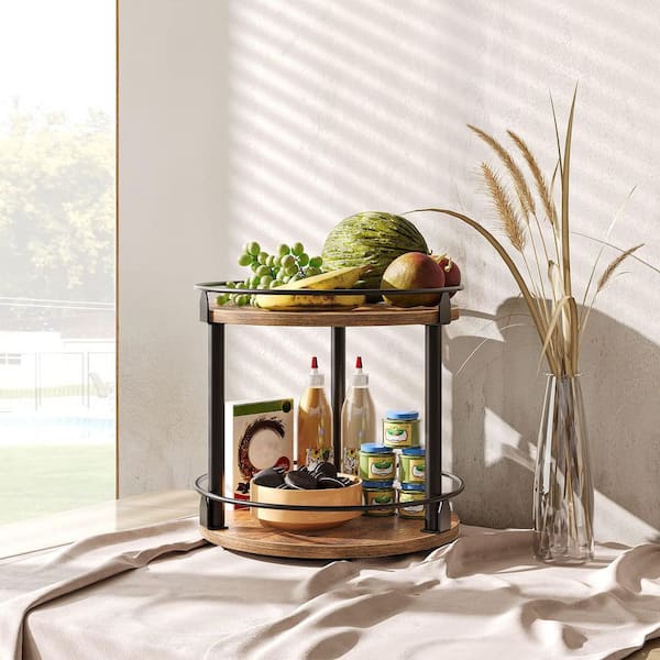 Wudkey 2-Tier Rustic Brown Rotating Spice Rack, Lazy Susan