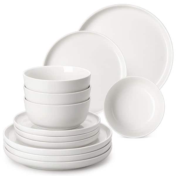 12-Piece White Porcelain Dinnerware Set Service for 4 Bowl and Plate Set with Dinner Plates Dessert Plates Cereal Bowls