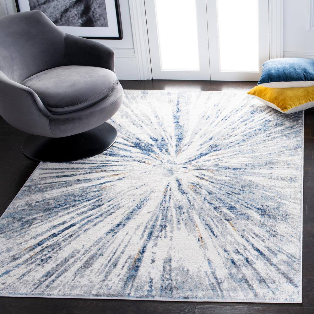 Amelia Round Grey and Blue Abstract Synthetic Rug